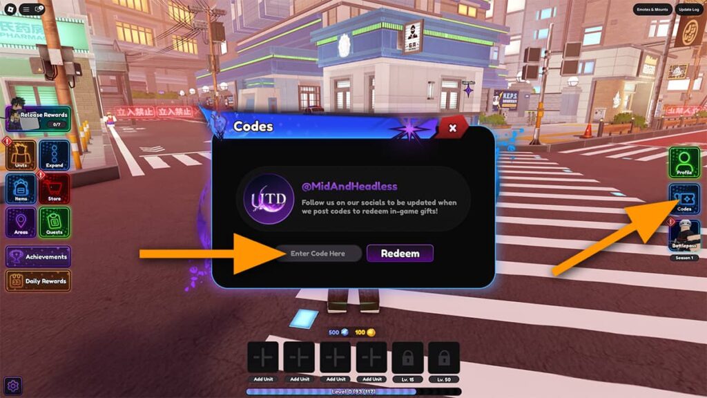 Image showing the Code redemption window in Universal Tower Defense on Roblox, with orange arrows pointing at the Codes button and the code input text box.