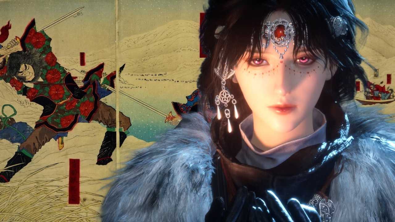 where winds meet standing in front of historical wuxia painting