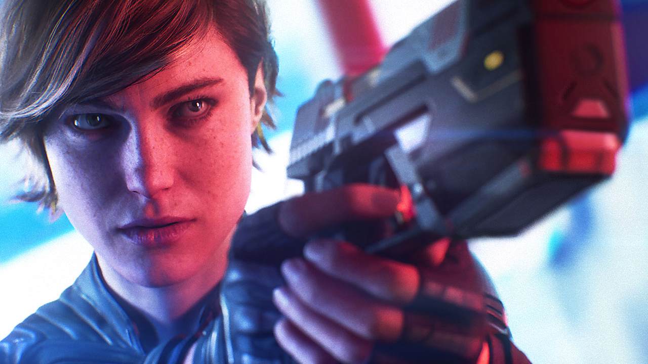 Xbox game Perfect Dark keyart showing Joanna Dark aiming a pistol