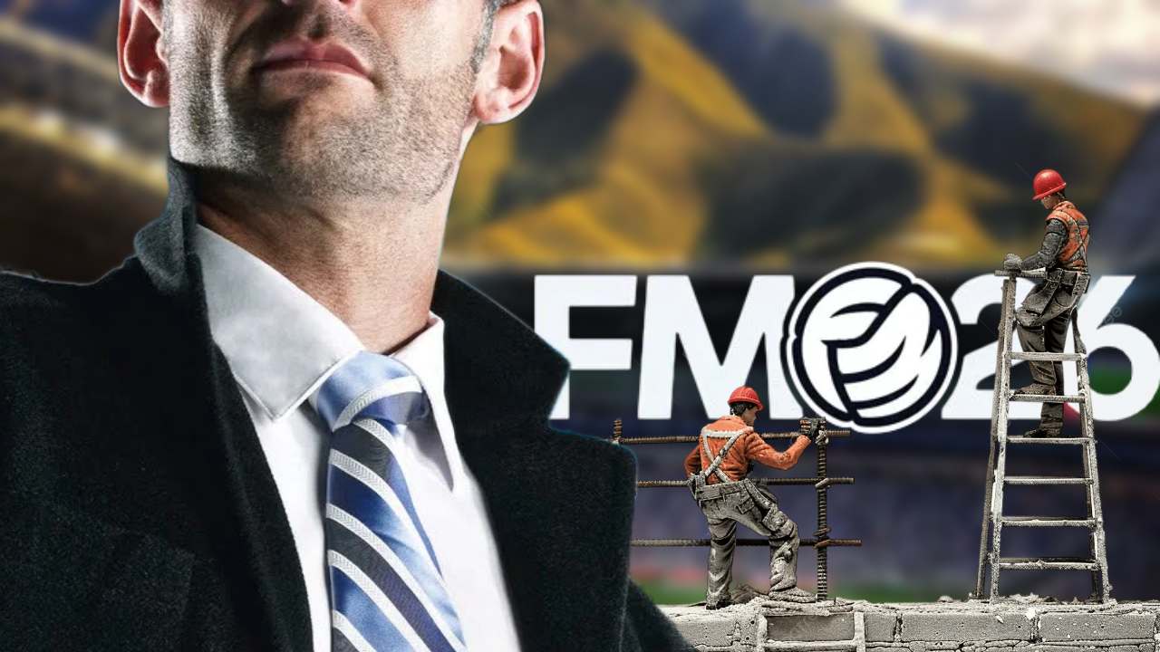 Football Manager man standing in front of builders fixing FM26