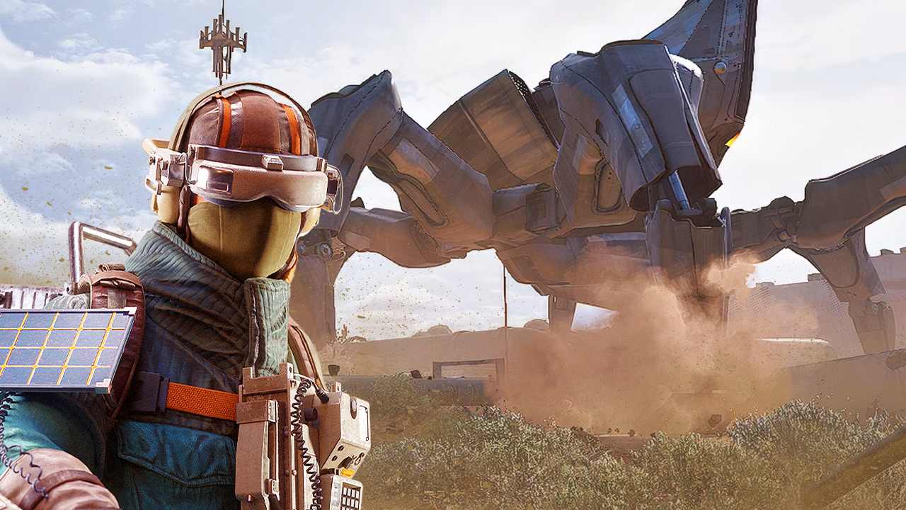 Arc Raiders character standing in front of a Matriarch stomping through the map