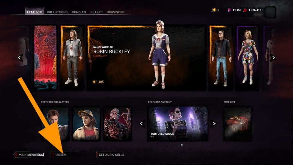 Image of the Store window in Dead by Daylight, with an orange arrow pointing at the Redeem button.