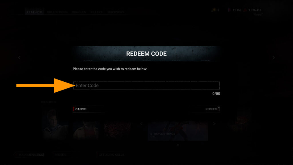 Image of the code redemption screen in Dead by Daylight, with an orange arrow pointing at the code input text box.