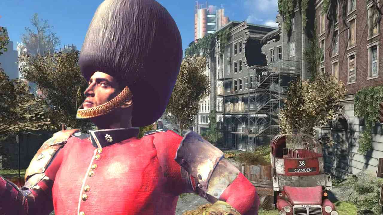 Fallout London character standing in the apocalyptic city