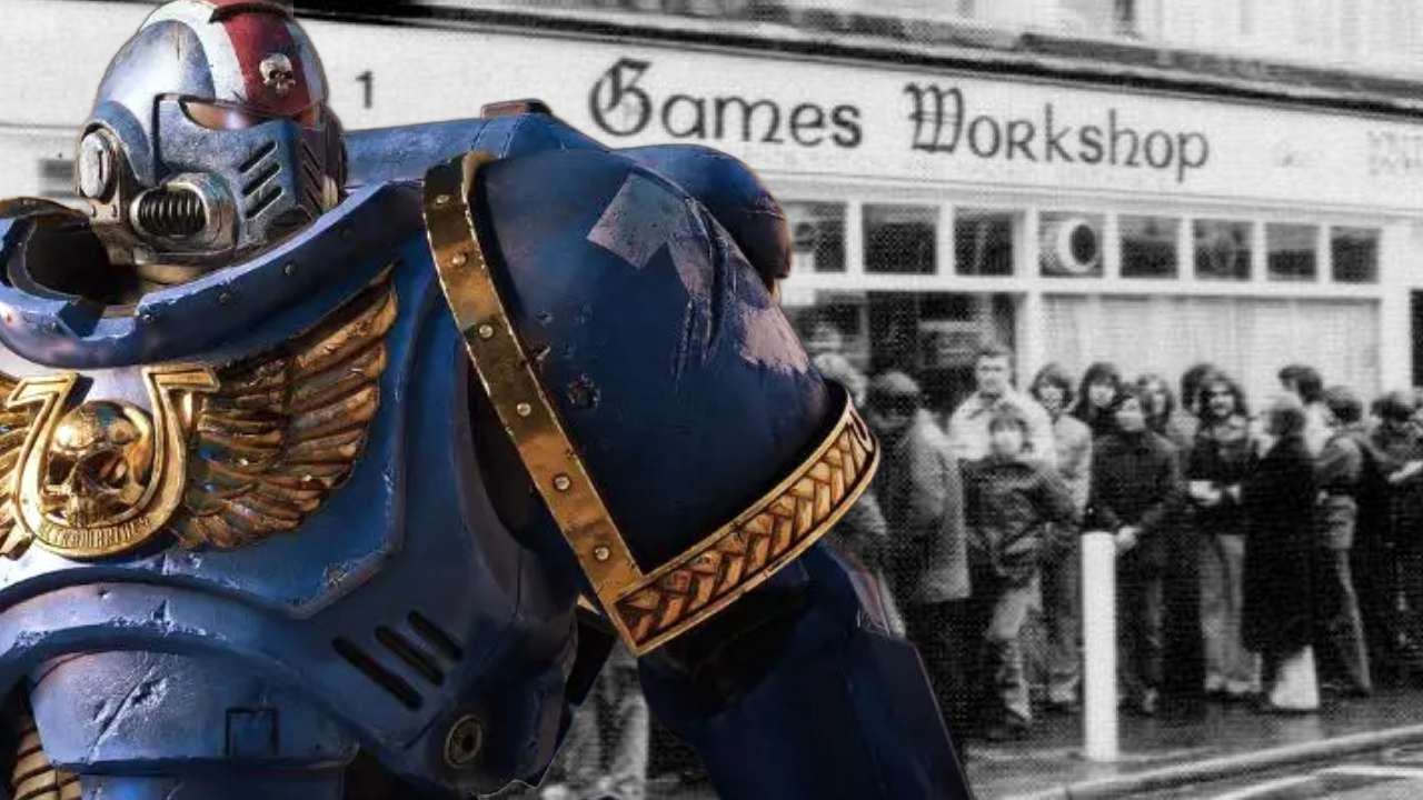 Warhammer 40,000 Space Marine standing in front of the original Games Workshop store