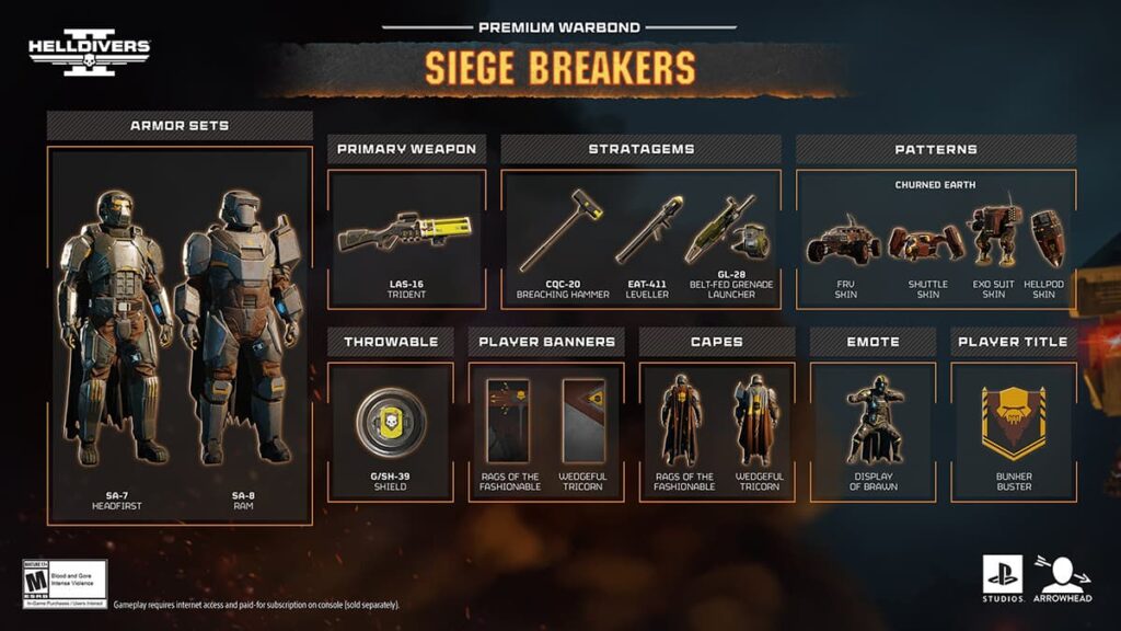 Image showing the contents and rewards in the Siege Breakers Warbond for Helldivers 2.