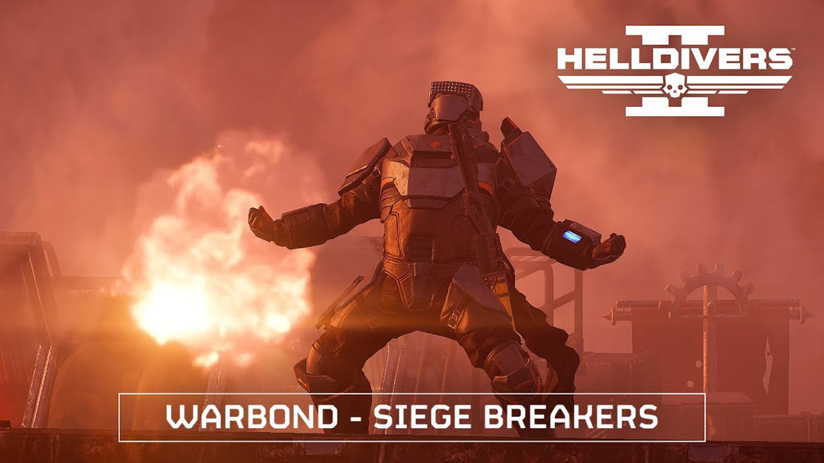 Promo image for the release of the Siege Breakers Warbond in Helldivers 2.
