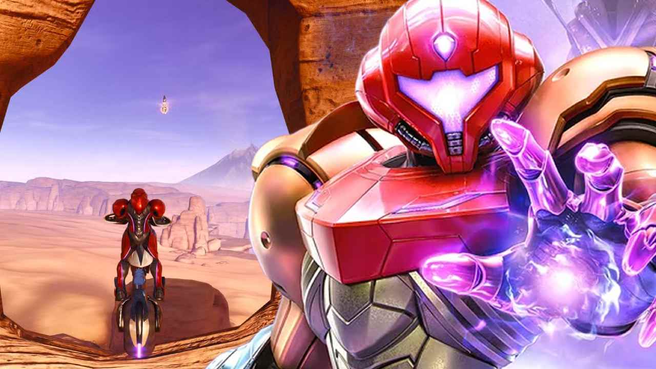 Metroid Prime 4: Beyond Samus standing in front of open-world Sol Valley gameplay