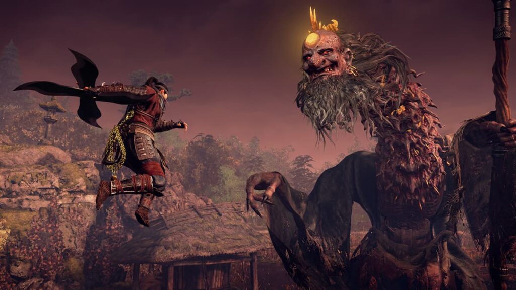 Screenshot image by Team Ninja of the protagonist jumping to fight a boss monster in Nioh 3.