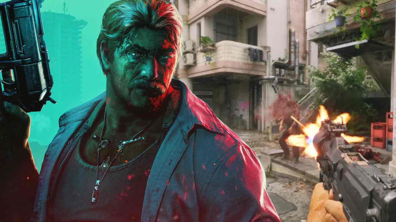 No Law Keyart split with first-person gameplay