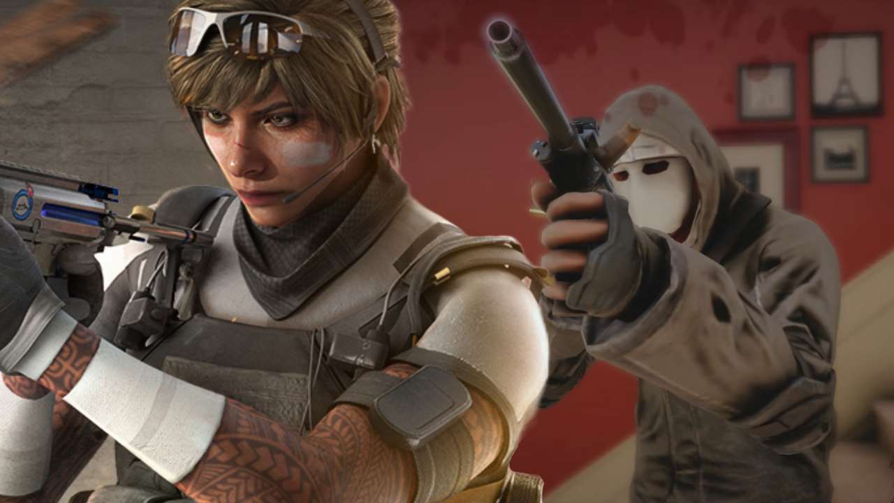 rainbow six siege x character standing in front of terrorist hunt white mask character