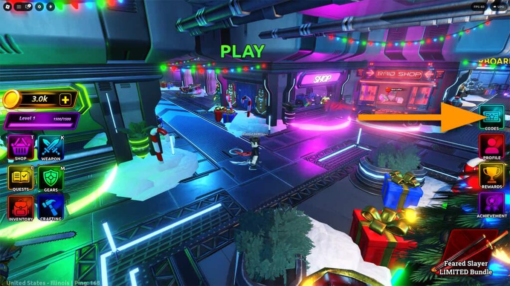 Image of the player standing in the hub of Anime Final Quest on Roblox, with an orange arrow pointing at the Codes button.