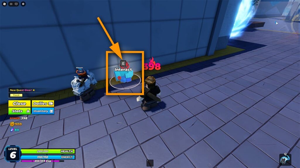 Image of the player approaching the Codes NPC, with an orange circle and rectangle pointing at the NPC.