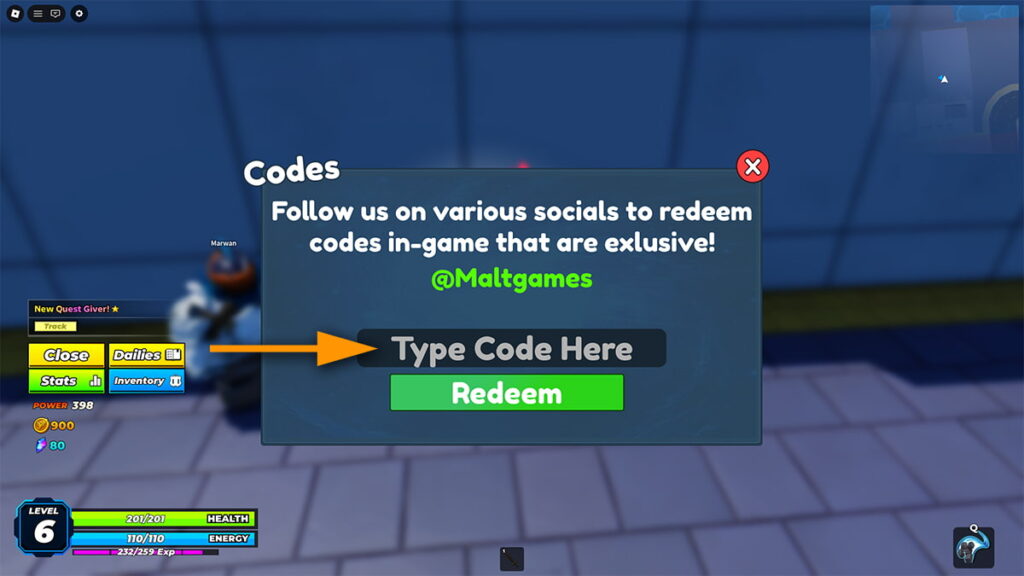 Image of the code redemption window in Solo Hunters on Roblox, with an orange arrow pointing at the code input text box.