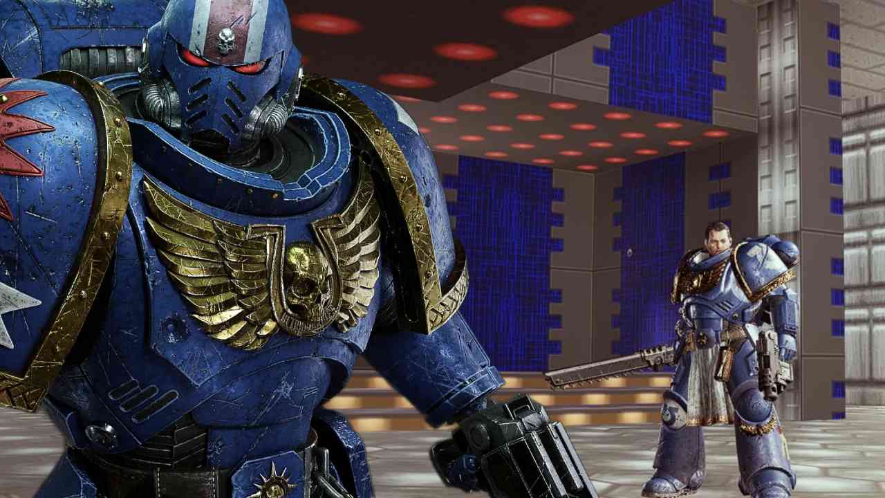 Space Marine 2 Titus standing in DOOM's E1M1 custom map