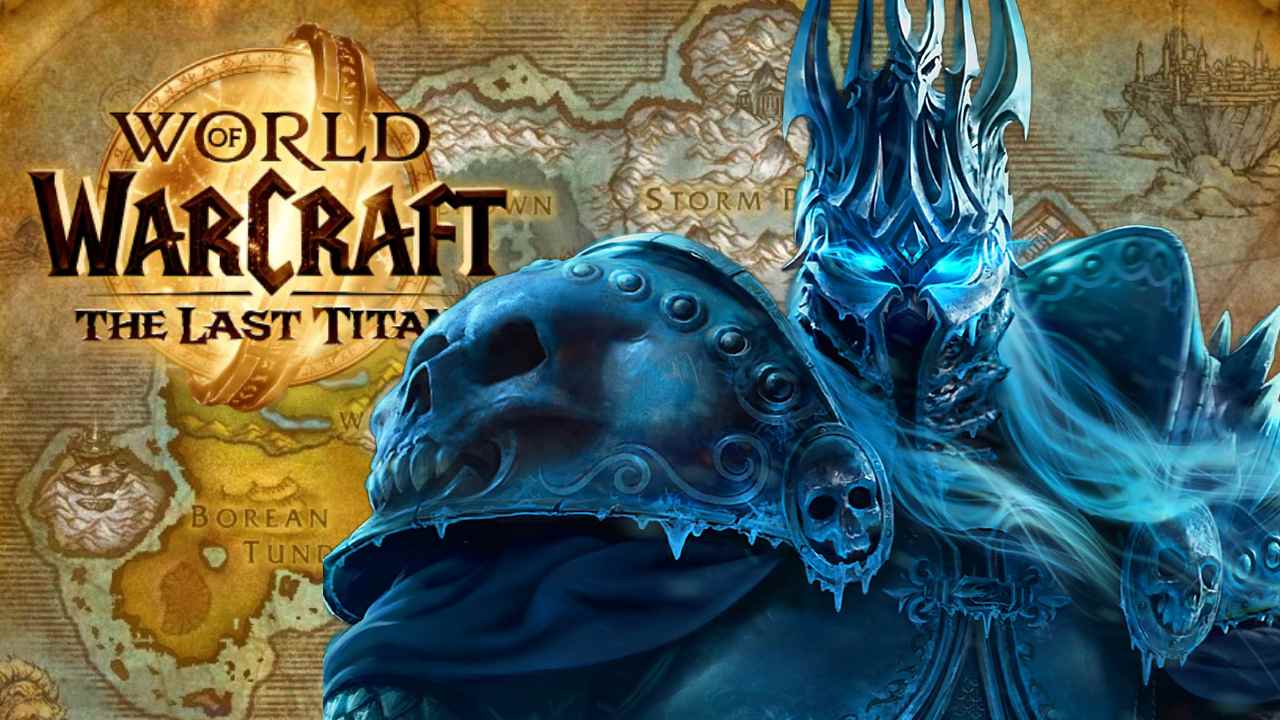 World of Warcraft Lich King standing on Northrend in front of The Last Titan logo