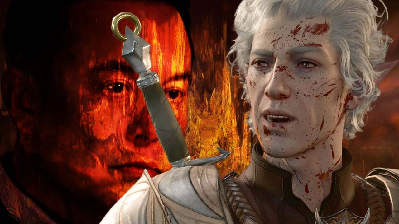 Baldur's Gate 3 character Astarion in front of Elon Musk