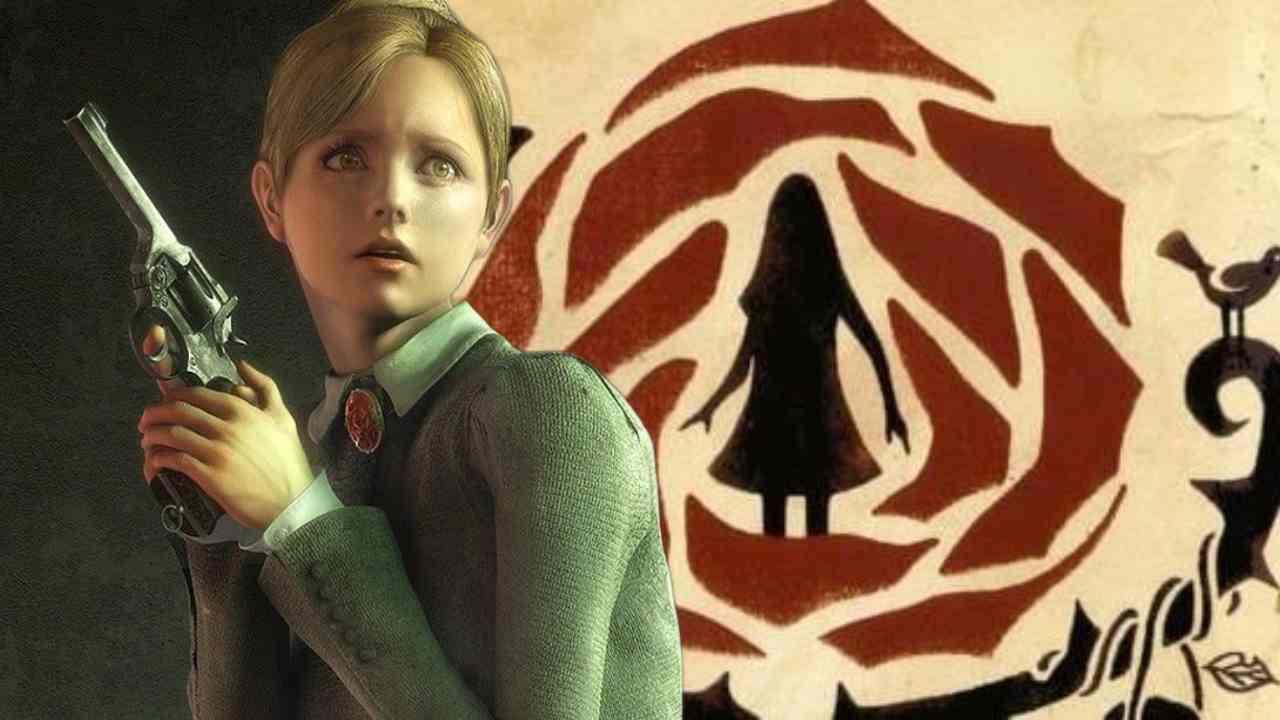 Rule of Rose character standing in front of the logo