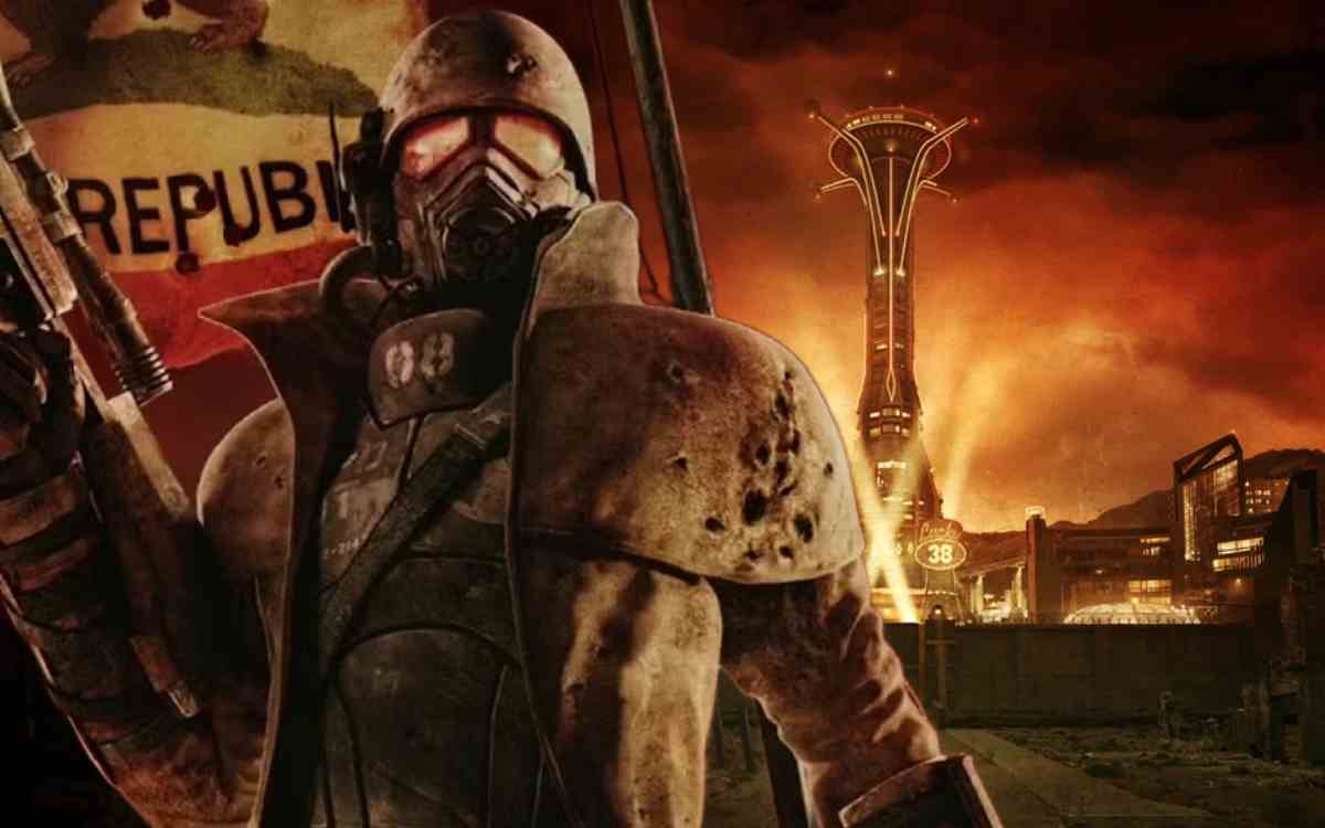 Fallout New Vegas NCR soldier standing in front of the city