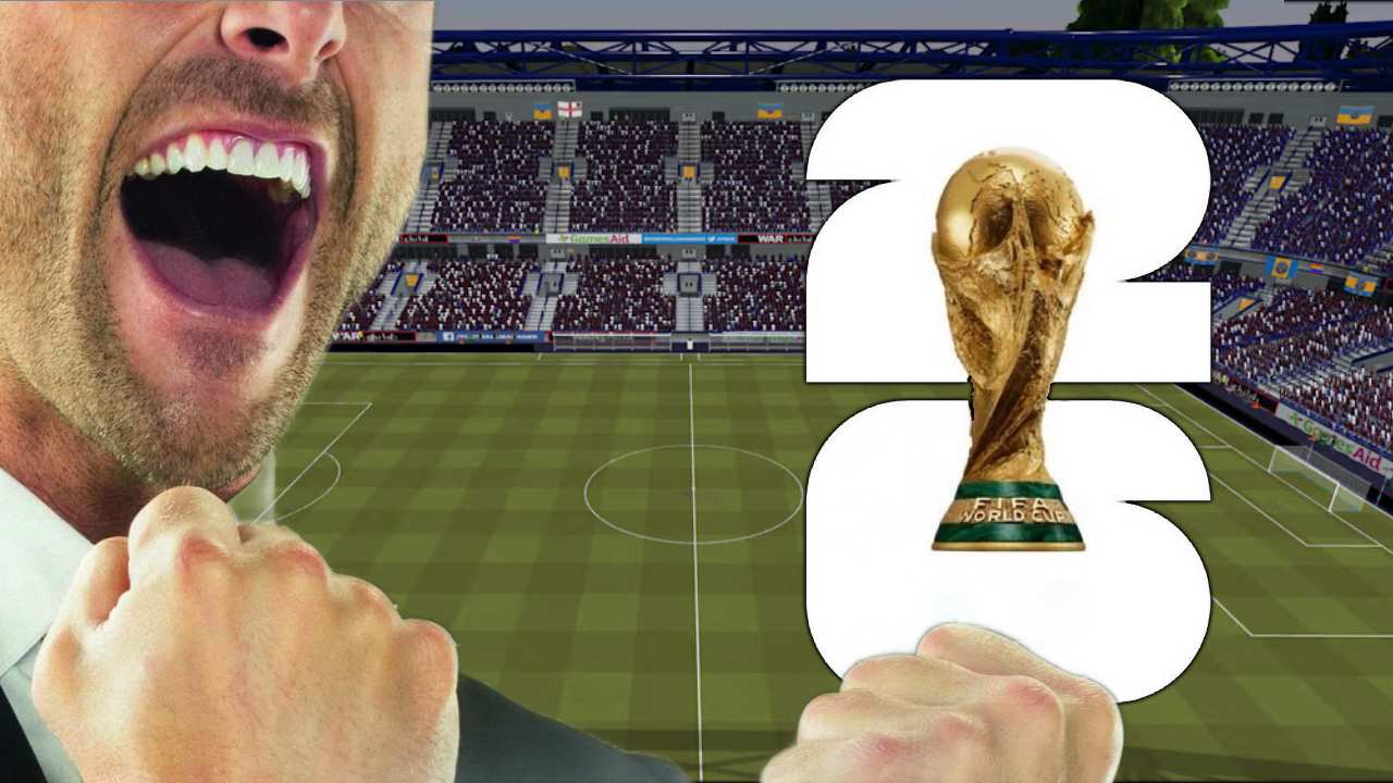 Football Manager 26 man standing in front of the world cup 2026 logo