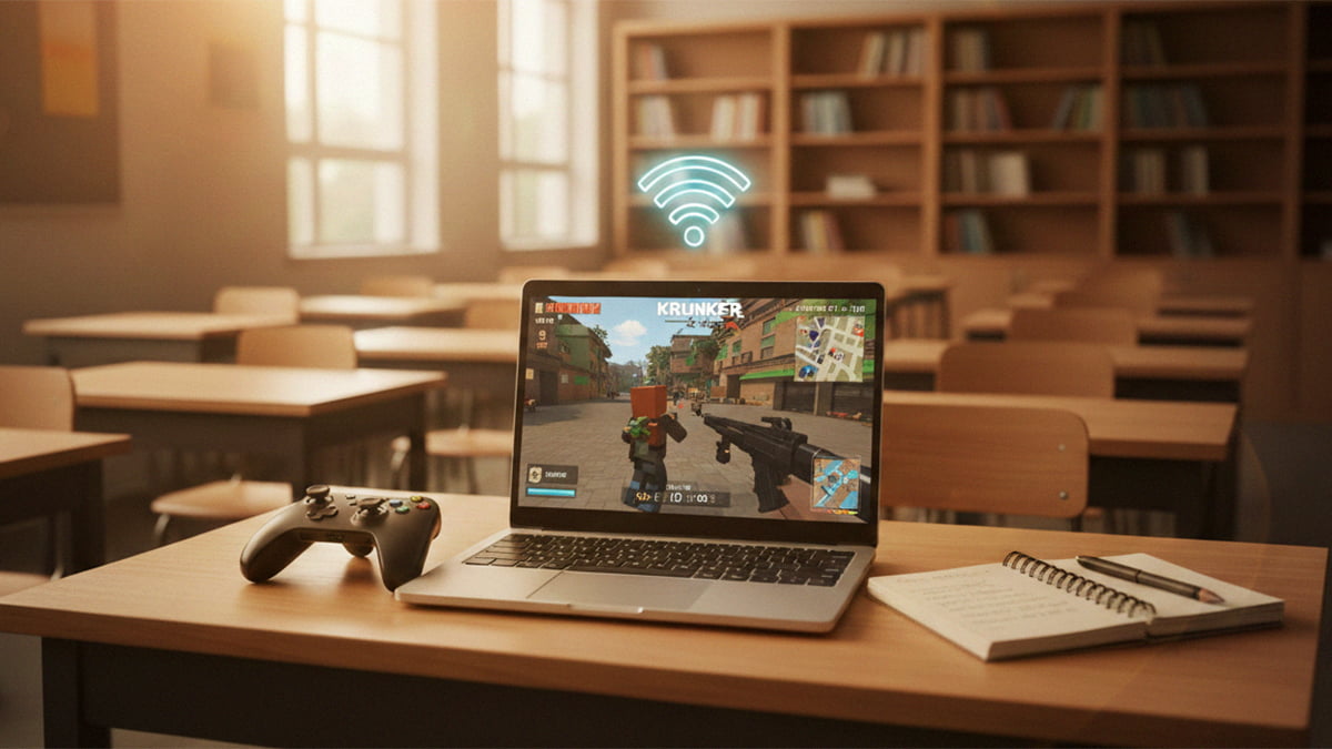 Image showing a Chromebook on a desk in a school.