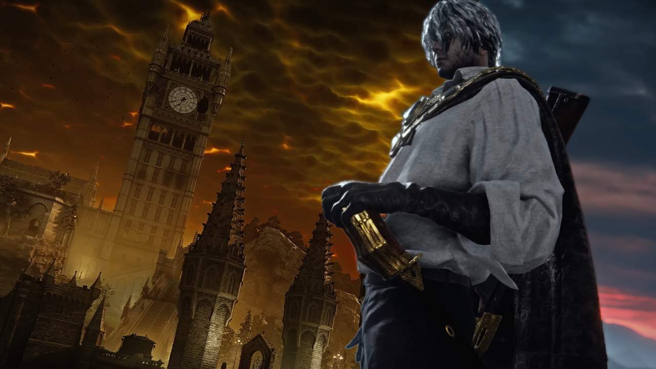The Duskbloods character standing in front of a gothic city