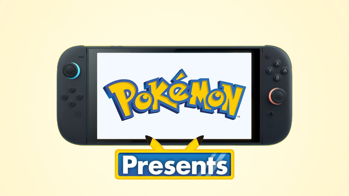 Image showing the Nintendo Switch 2 with the Pokemon logo on the screen and the "Pokemon Presents" logo underneath.