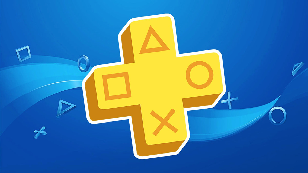 Promo image featuring a yellow PS Plus logo in the shape of a PlayStation D-pad, a service offering free games to subscribers, on a blue background.