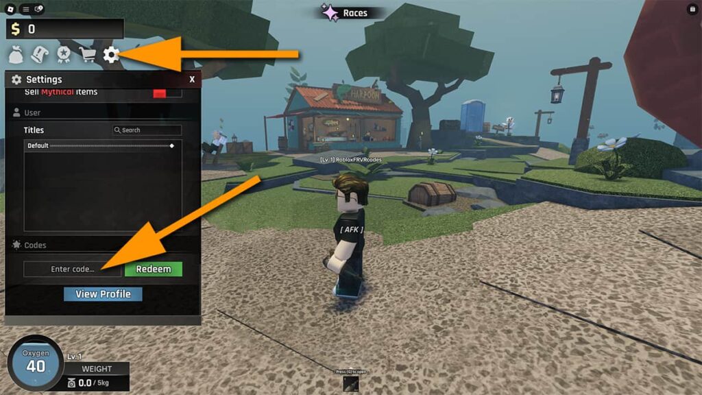 Image showing the Settings window in Abyss on Roblox, with orange arrows pointing at the Settings icon and the code input text box.