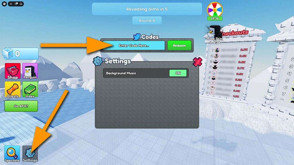 Image of the Settings window in Knockout on Roblox, with orange arrows pointing at the Settings button and the code input text box.