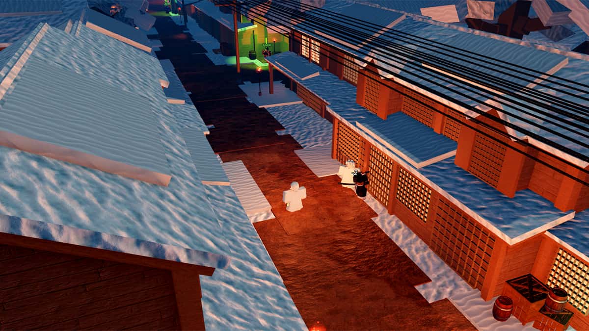 Screenshot image of the player standing in an alley of the starting village in Slayerbound on Roblox, a game that features promo codes that players can redeem for free rewards.