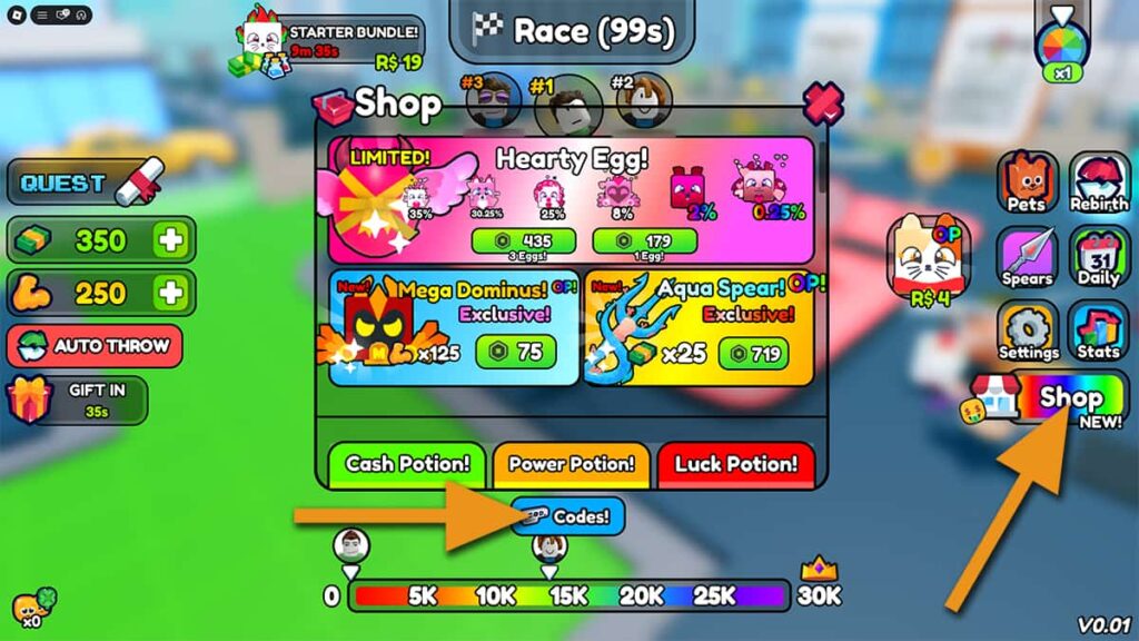 Image of the Shop window in Spear Training on Roblox, with orange arrows pointing at the Shop button and the Codes button.