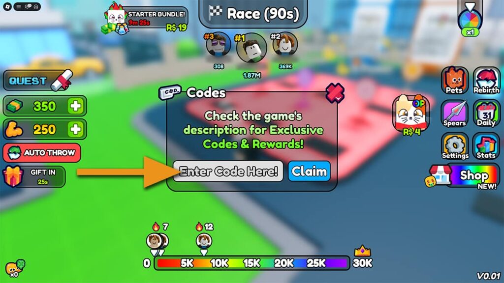 Image of the code redemption window in Spear Training on Roblox, with an orange arrow pointing at the code input text box.