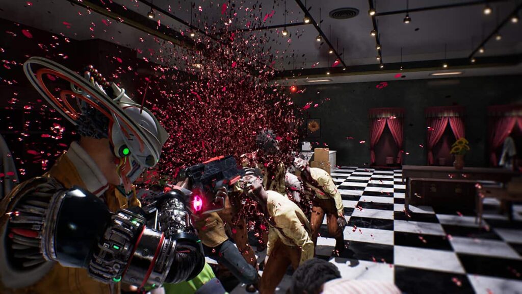 Screenshot image from the game Romeo is a Dead man, showing the game's gameplay of the protagonist shooting a mob of zombie-like enemies.