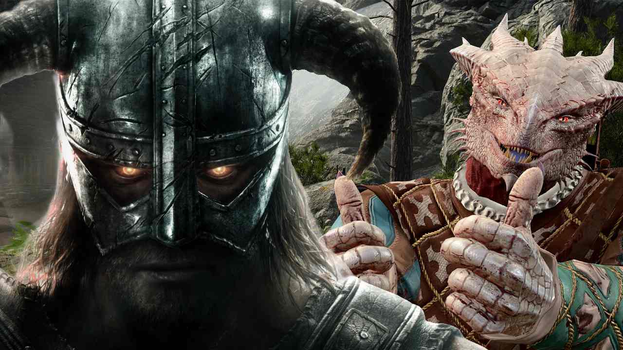 Skyrim character Dragonborn next to Baldur's Gate 3 photo mode