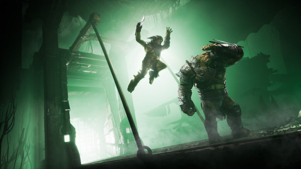 Screenshot image of Styx the goblin Jumping on the back of an orc, showing the gameplay of Styx: Blades of Greed.