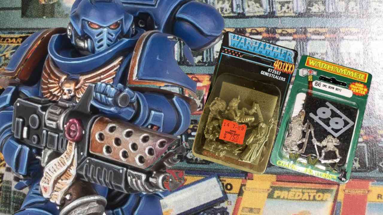 Warhammer 40,000 Ultramarine space marine standing in front of a 1980s Warhammer store with 40K and Warhammer Old World blister packs