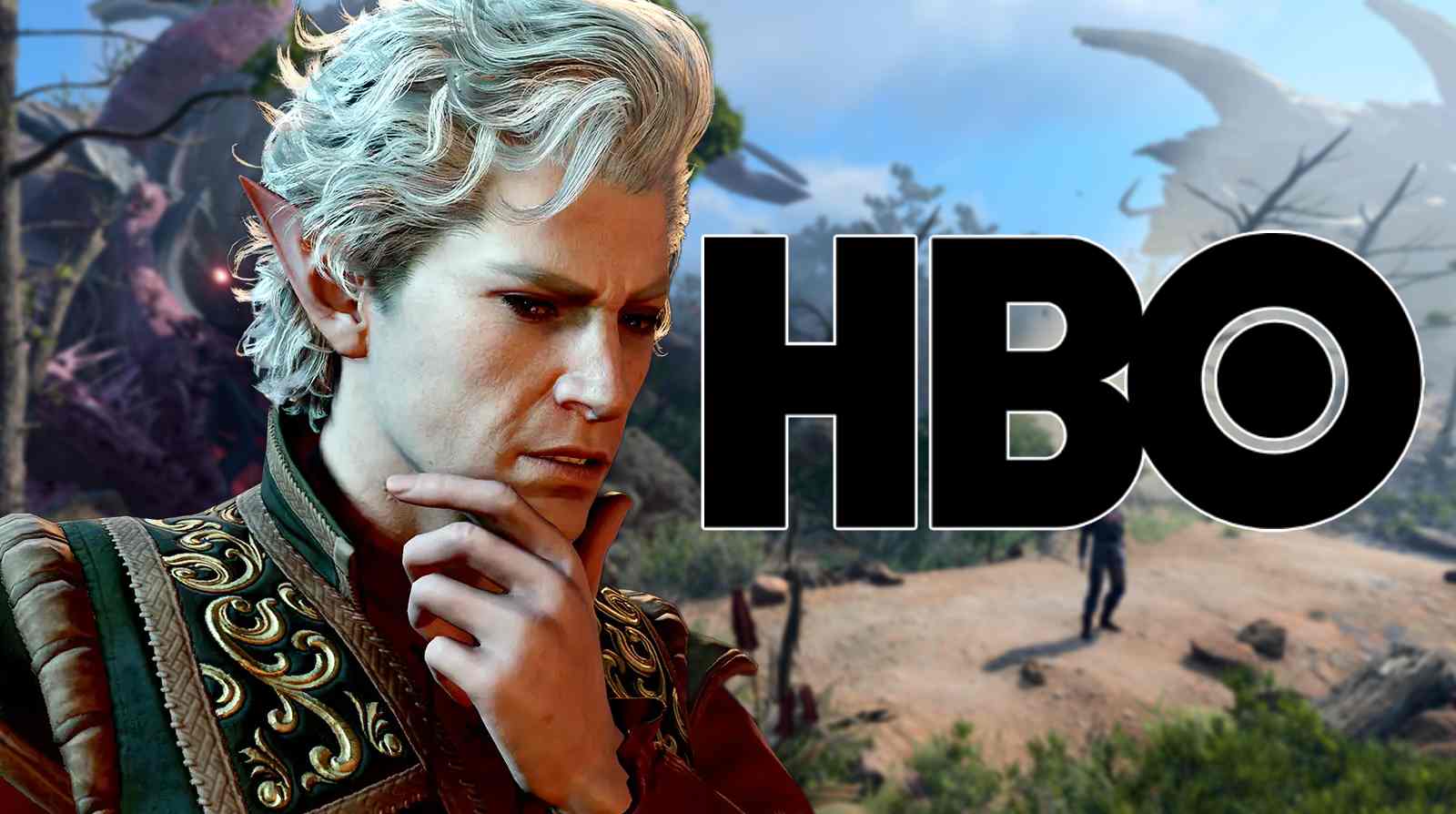 Baldur's Gate 3 Astarion standing next to a HBO logo