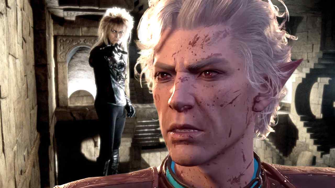 Baldur's Gate 3 Astarion standing in front of Labyrinth's David Bowie