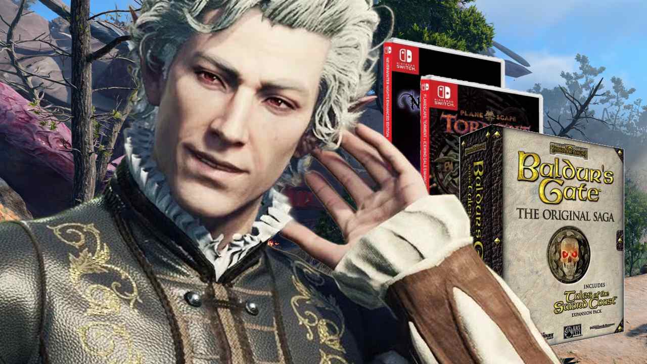 Baldur's Gate 3 Astarion in front of classic infinity engine games