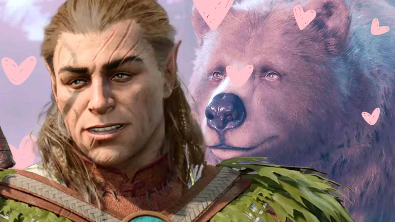 Baldur's Gate 3 Halsin in front of his bear form surrounded by love hearts