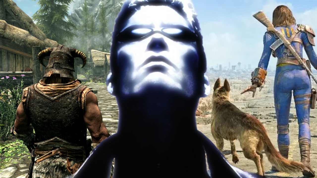 Deus Ex protagonist JC Denton in front of Skyrim and Fallout