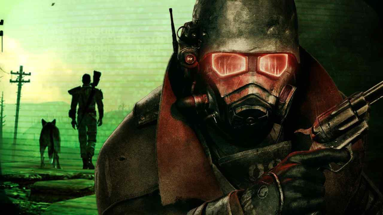 Fallout New Vegas NCR soldier standing in front of Fallout 3 lone wanderer