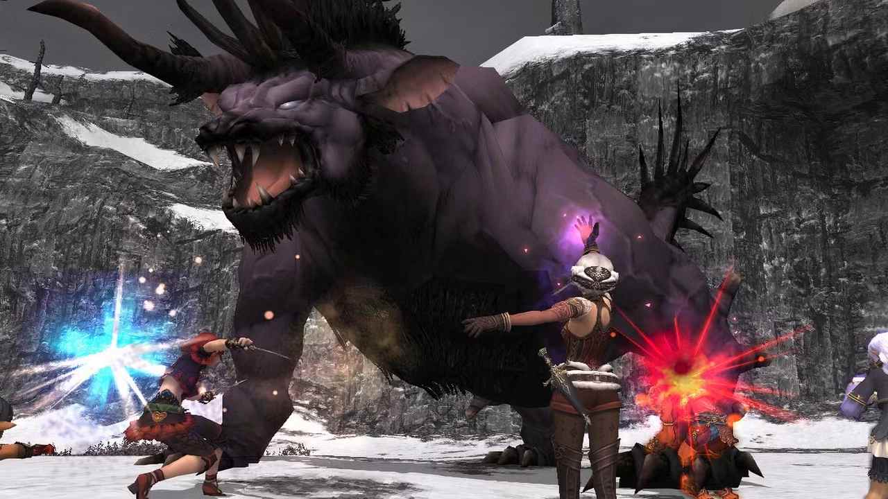 Final Fantasy 11 gameplay showing characters fighting a boss monster