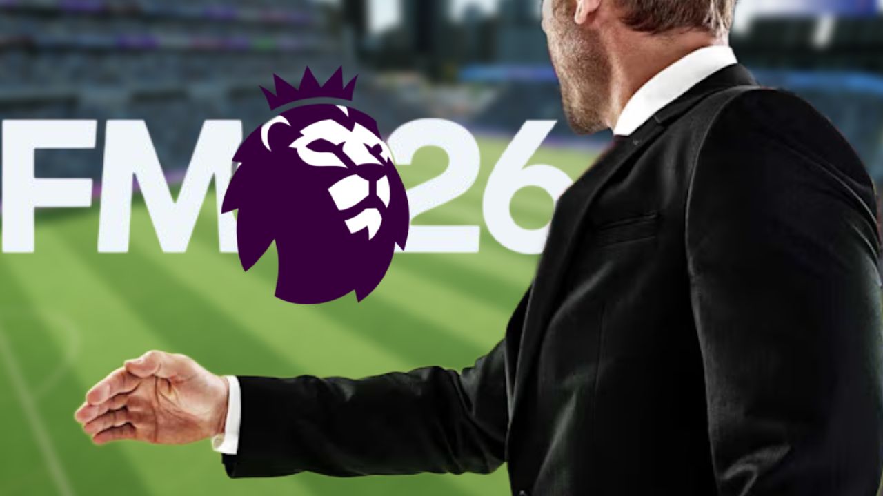 Football Manager 26 manager standing in front of premier league logo