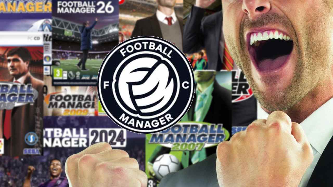 Football Manager character standing in front of a litany of Football Manager games