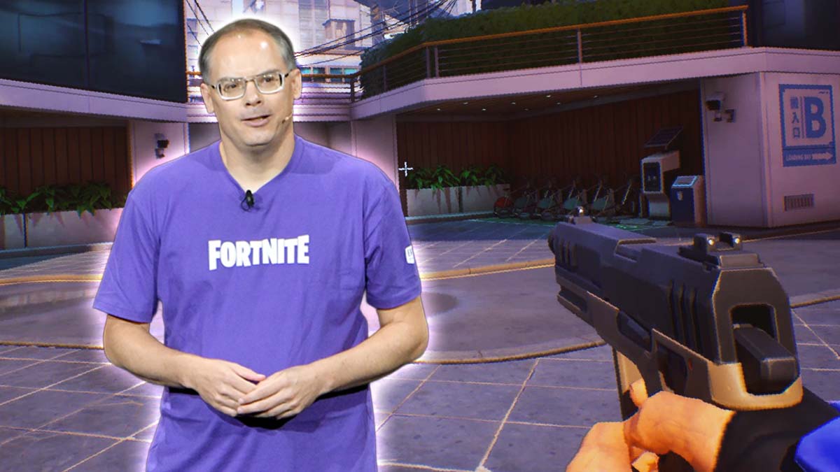 Tim Sweeney with a Fortnite Ballistic background