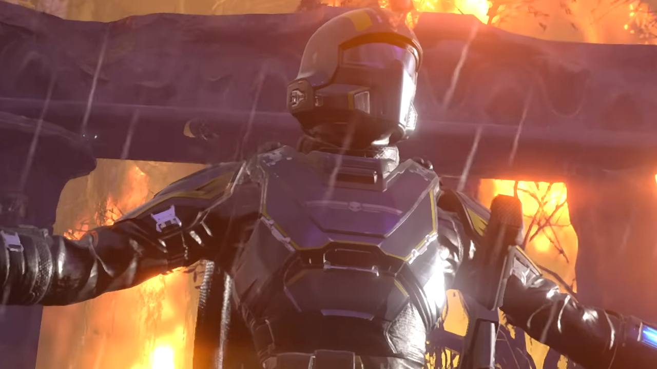 helldivers 2 soldier standing in front of an explosion