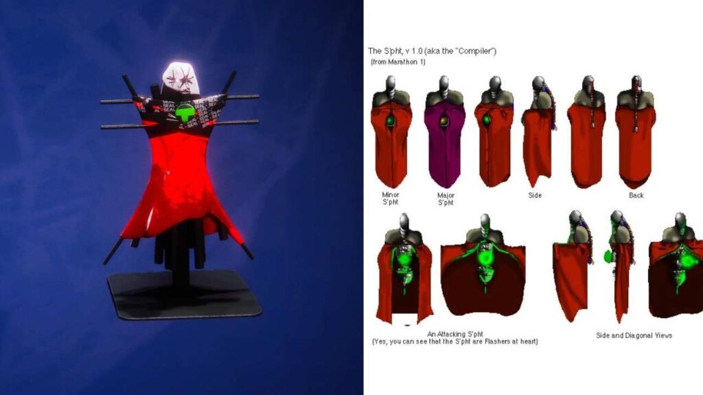 A Marathon Pfhor statue from the 2026 game vs the original game