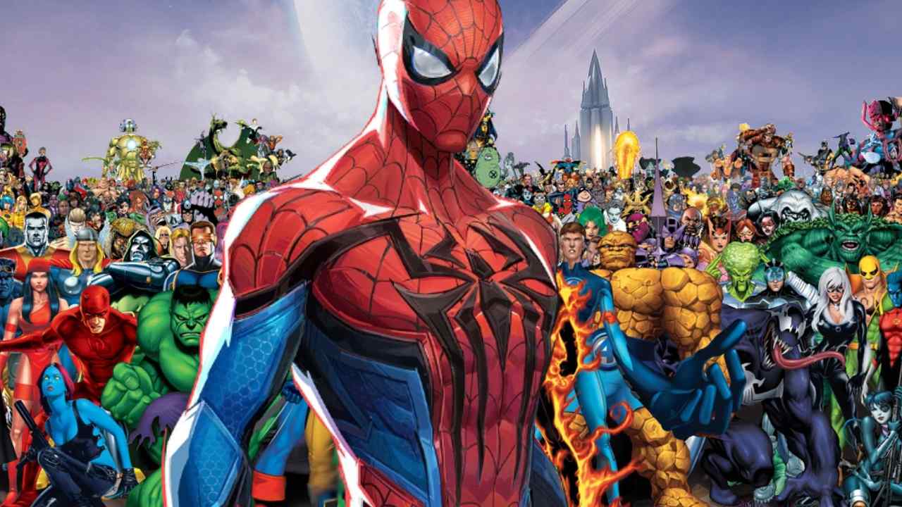Marvel Rivals spider-man standing in front of hundreds of marvel characters